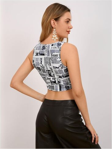 MakeMeChic Women's Summer Newspaper Print Square Neck Work Out Tank Crop Top Sleeveless Asymmetrical Camisole in Saudi Arabia