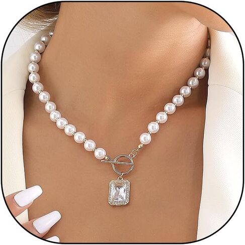 Gold Pearl Crystal Pendant Necklace for Women,Silver Pearl Beaded Large Square Rhinestone OT Clasp Choker Necklace Fashion Punk Necklace in Kuwait