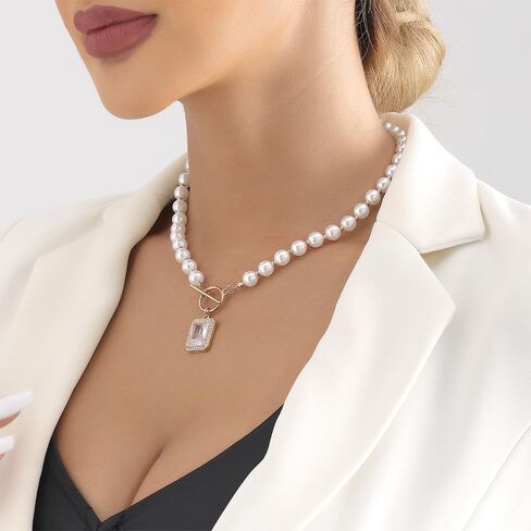 Gold Pearl Crystal Pendant Necklace for Women,Silver Pearl Beaded Large Square Rhinestone OT Clasp Choker Necklace Fashion Punk Necklace in Kuwait