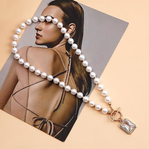 Gold Pearl Crystal Pendant Necklace for Women,Silver Pearl Beaded Large Square Rhinestone OT Clasp Choker Necklace Fashion Punk Necklace in Kuwait