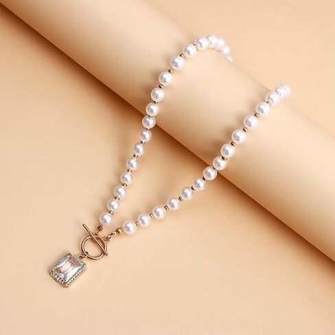 Gold Pearl Crystal Pendant Necklace for Women,Silver Pearl Beaded Large Square Rhinestone OT Clasp Choker Necklace Fashion Punk Necklace in Kuwait