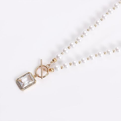 Gold Pearl Crystal Pendant Necklace for Women,Silver Pearl Beaded Large Square Rhinestone OT Clasp Choker Necklace Fashion Punk Necklace in Kuwait