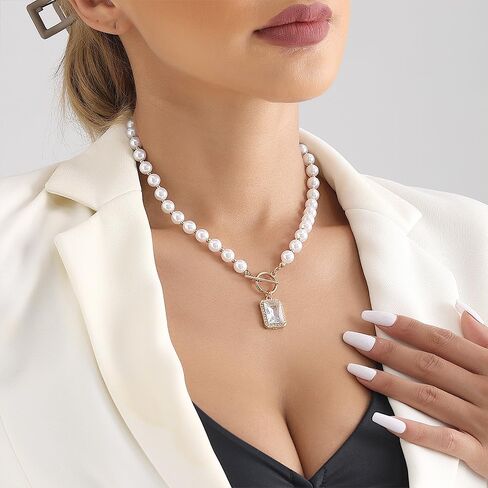 Gold Pearl Crystal Pendant Necklace for Women,Silver Pearl Beaded Large Square Rhinestone OT Clasp Choker Necklace Fashion Punk Necklace in Kuwait