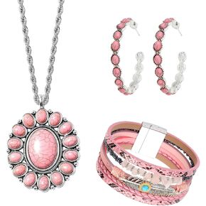 MJartoria Native American Bohemian Feather Charm Handmade Pendant Necklace Pink Jewelry Set