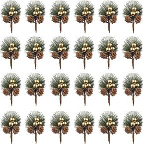 TIHOOD 25PCS Artificial Pine Picks, Pine Needles Branches with Gold Berry Stems, Small Fake Berries Pinecones Branches for Crafts Christmas Tree DIY Garland Holiday Wreath(Gold)