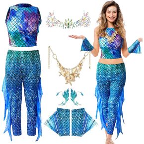 Leumoi 6 Pcs Halloween Mermaid Costume for Women Fish Scale Print Top Pants Gloves Starfish Pearl Necklace Set for Cosplay