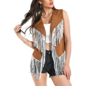 Fringe Vest，60s 70s Outfits for Women Cowgirl Vest Tassel Sleeveless Hippie Costume Western Vest Faux Suede Outfits.