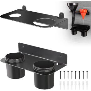 Oil Dual Funnel Holder Storage Rack Includes 2 Plastic Removable Drip Cups, Wall Mount Fluid Drain Funnel Kit Organizer Bracket for Enclosed Race Trailers, Automotive Garage Shop, Black