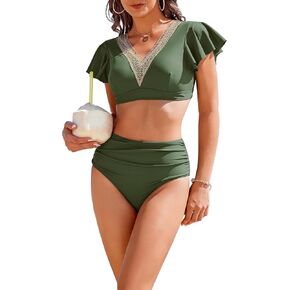 AI'MAGE High Waisted Bathing Suit for Women Tummy Control Women's Bikini Set Ruffle V Neck Two Piece Swimsuit 2025