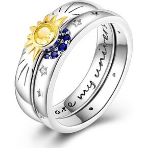 Hapour Selestial Sun and Moon Ring Set, Sterling Silver Moon Jewelry Stackable Celestial Rings, Friendship Promise Ring, Gift for Her Women, Ring Size 6-9