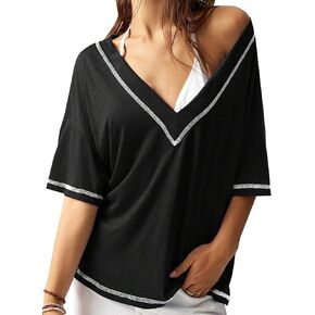 Remidoo Women's Casual V Neck Oversized T Shirts Loose Fit Half Sleeve Tops