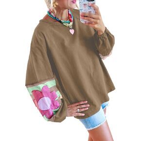 KevaMolly Women's T-Shirts Flower Patchwork Exposed Seam Raglan Sleeve Top Long Sleeve Casual Floral Tee