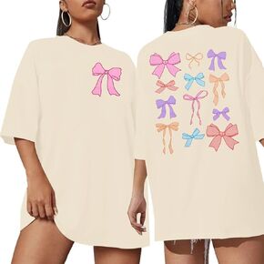 KIDDAD Bows Shirt Women Trendy Aesthetic T-Shirt Funny Pink Bow Ribbon Oversized Tee Cute Coquette Tee Top