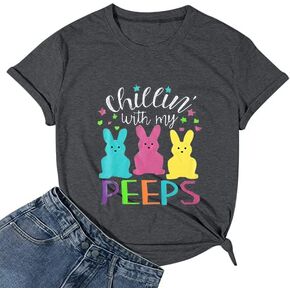 Happy Easter Shirt Women Chillin with My Peeps Tee Shirt Cute Rabbit Graphic T-Shirt Easter Gift Tee Tops