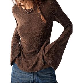 GORGLITTER Women's Textured Flare Sleeve T Shirt Crewneck Long Sleeve Vintage Tee Tops Western Outfits 2024