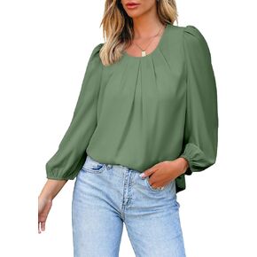 SHEWIN Women's 3/4 Sleeve Tops Dressy Casual Crewneck Pleated Chiffon Blouses Business Work Shirts
