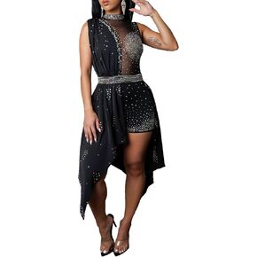 PORRCEY Women Sexy Elegant Rhinestone Hot Drilling Bodycon Romper with Overlay