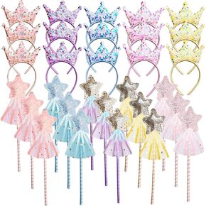 30 Pcs Princess Wands Party Favors Glitter Star Fairy Wizard Wands Angel Wand Sticks Cosplay Accessories Sequin Princess Kids Crown Headbands for Kids Birthday Party Decor Gifts Supplies