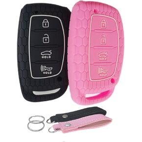 Silicone Key Fob Cover Remote Keyless Case Protector Compatible with Hyundai Elantra Elantra GT Ioniq Sonata Tucson 2016-2021 (Flip Fob Not Fit - 4 Buttons Black & Pink)