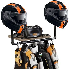 Motorcycle Helmet Holder Wall Mount, 3-In-1 Helmet Stand with 2 Glove Clips, Solid Wood&Metal Helmet Holder Hanger Rack (Metal)
