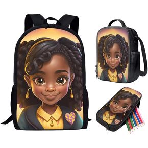 Girls Backpack for Elementary School Bookbags Kids Pencil Case Back to School,African Girls Backpack with Lunch Box 3 in 1 School Bag Set