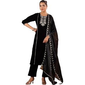 Janasya Indian Women's Black Velvet Zari Embroidered Straight Kurta Set