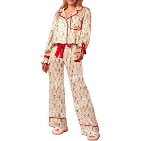 Argeousgor Christmas Pajamas for Women Bow Tie Long Sleeve Shirt Pants Satin Silk Funny Graphic 2 Piece Pjs Set Sleepwear
