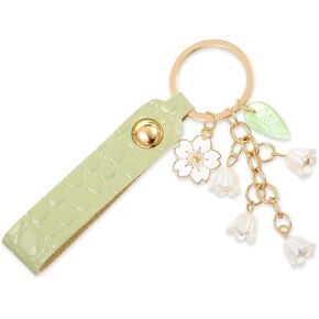 Cute Flower Keychain Green with Leather Chains Tassel Keyring