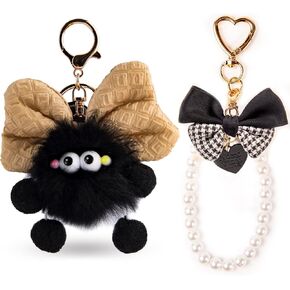 YOU WIZV Cute Plush Keychains for Women, Kawaii Anime Pom Pom Bag Charms with Bow Pearl Wristlet Key chain