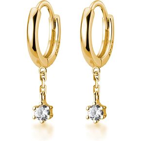 Reffeer 925 Sterling Silver CZ Dangle Hoop Earrings for Women Teens Tiny Huggie Hoop Earrings Chain