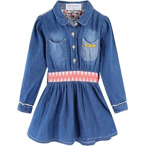Mud Kingdom Little Girls Denim Dress Long Sleeve Button Down Cinch Waist Casual