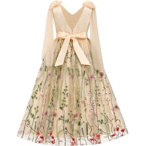 Flower Girl Maxi Dress Wedding Formal Bridesmaid Floral Embroidered Tulle Skirt Princess Pageant First Communion Gown