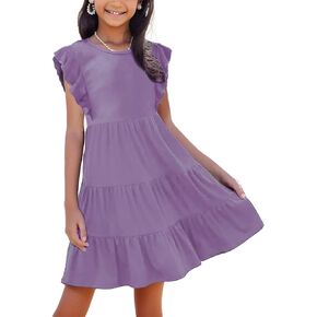 Girls' Summer Dresses Empire Waist Ruffle Sleeve Tiered Swing A-Line Casual Cotton Sundress 5-11Y