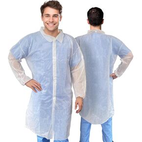 AMZ Disposable Lab Coat M. 35 GSM PP White Disposable Lab Coats for Adults. 1 Pack Knee-length Lab Coat with Long Sleeves, Elastic Wrists, Loop Fasteners. White Lab Coat No Pockets