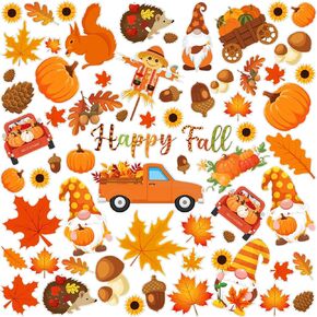 64 Pcs Thanksgiving Window Gel Clings Fall Party Window Clings Thick Gel Autumn Pumpkin Maple Leaves Sticker Removable Reusable Window Decal for Home Classroom Nursery Supplies Decor