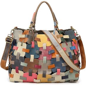 YALUXE Tote Bags for Women Genuine Leather Colorful Weaving Large Handbag Purse Shoulder Bag Multicolored Patchwork