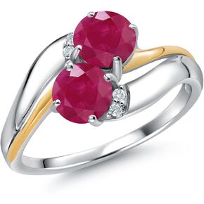 Gem Stone King 925 Sterling Silver and 10K Yellow Gold Red Ruby 5MM Round 2 Stone and White Lab Grown Diamond Accent Ring For Women (1.13 Cttw, Gemstone July Birthstone, Available In Size 5,6,7,8,9)