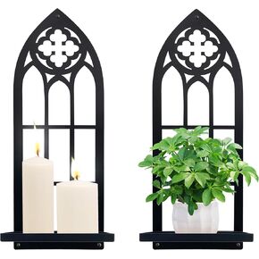 Gothic Wall Sconces Set of Two Candle Holder, Black Metal Gothic Wall Decor, Arched Church Wall Sconces, Rustic Farmhouse Home Wall Art Decor for Living Room, Bathroom, Bedroom, Dining Room(Church)