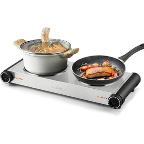 Cusimax Hot Plate For Cooking,1800w Double Infrared,Portable Electric Stove,Adjustable Temperature Control,Glass Plate Double Cooktop For Dorm Office Home Camp,Black Stainless Steel