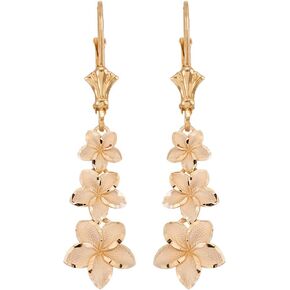 Elegant 14k Yellow Gold Hawaiian Plumeria Flower Lever back Earrings