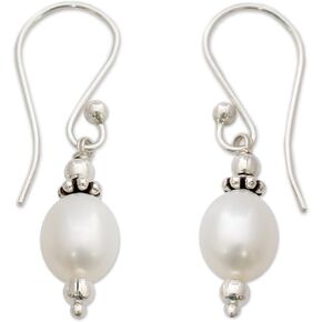 NOVICA Artisan Handmade Cultured Pearl Dangle Earrings Sterling Silver White India Bridal Birthstone [1.2 in L x 0.2 in W x 0.2 in D] ' Sweet Destiny'