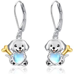 Dreamboat Dog Dangle Leverback Earrings for Women 925 Sterling Silver Moonstone Puppy Drop Earring Animal Jewelry Gifts for Dogs Lovers