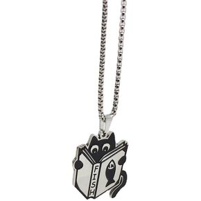 Cat Necklace | Stainless Steel Pendant with Funny Cat Reading Fish Book Design | Quirky Jewelry for Cat Lovers, Cat Mom | Women & Men