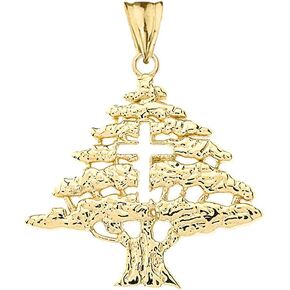 Middle Eastern Jewelry Certified 14k Yellow Gold Lebanese Cedar Tree with Cut-Out Cross Pendant