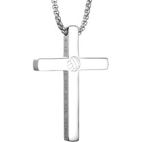 EZUY GNAY Mens Volleyball Cross Pendant Necklace For Bible Verse 1:9 Stainless Steel Sport Cross Pendant New Year's Day For Men