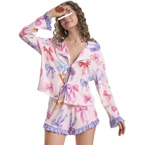 Women Christmas Y2k Pajamas Bow Tie Long Sleeve Shirt and Ruffle Shorts Cute 2 Piece Xmas Print Sleepwear