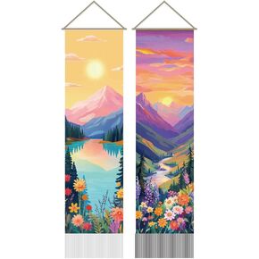AHANDMAKER 2Pcs Colorful Sunrise and Sunset Tapestry, Mountain River Landscape Long Vertical Tapestry Wall Hanging, Nature Scenery Tassel Wall Aesthetic Tapestry for Bedroom Living Room, 45.7x13Inch