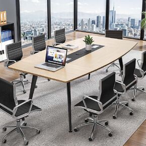 YITAHOME 8FT Conference Table with Power Outlets, 94.5" Meeting Table with Rectangle Grommet, Boat Shaped Seminar Boardroom Table for Office Conference Room, Light Wood Grain