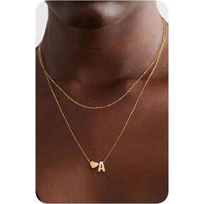 Krfy Gold Layered Initial Heart Necklace - Dainty 14K Gold Plated Tiny Letter Heart Personalized Monogram Name Necklaces for Women Trendy Gold Necklace Jewelry