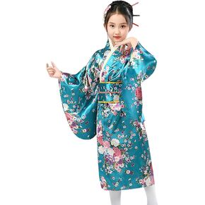 Girls Sakura Kimono Silk Satin Kimono Dress Gown Cherry Blossom Long Kimono Robe Yukata Japanese Costume for Kids